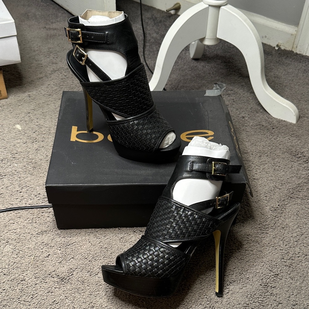 Bebe Black Woven Peep-Toe Heels
